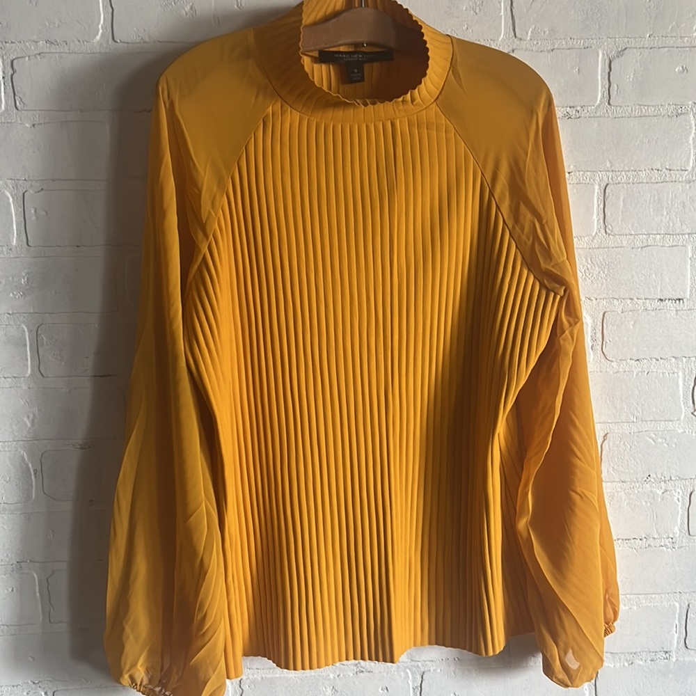 Marc New York Mustard Yellow Pleated Long-Sleeve Blouse